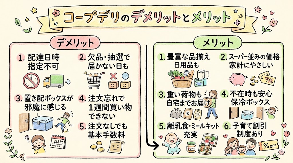 コープデリのデメリットとメリットをわかりやすく比較した一覧図解