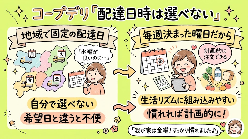 コープデリのデメリットである配達日時が選べない点と対処法の解説。