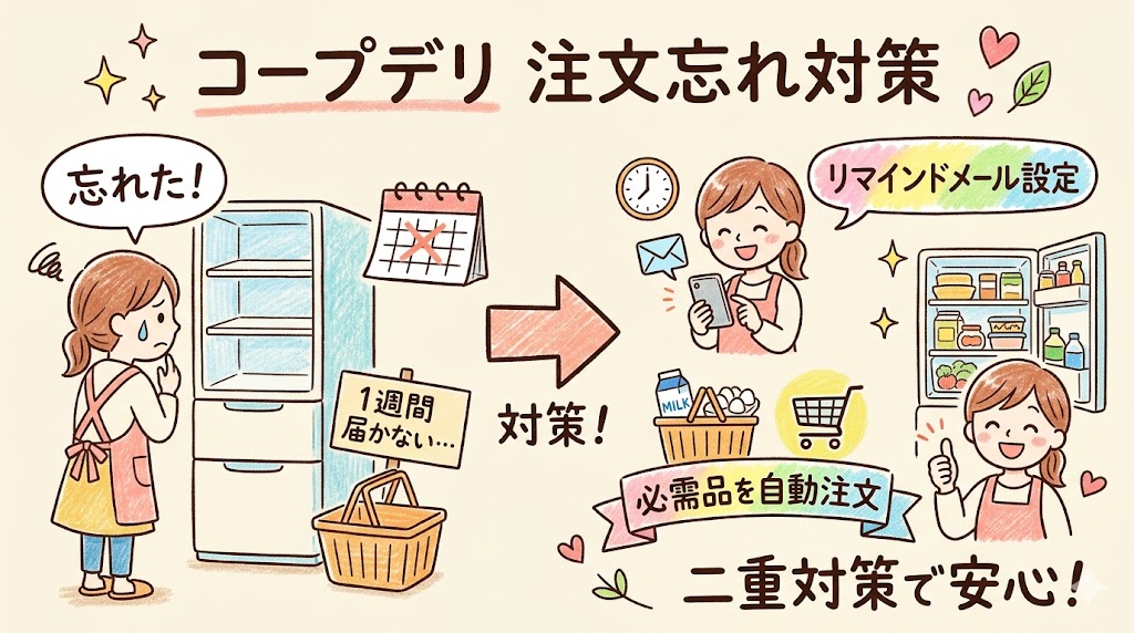 コープデリの注文忘れ対策を図解したイラスト。