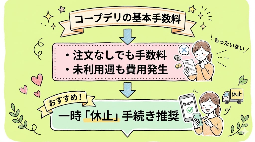 コープデリのデメリットである基本手数料と、一時休止手続きの推奨。