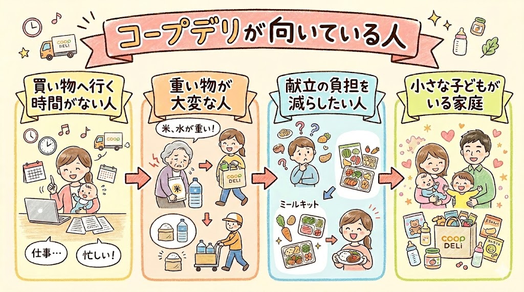 メリットから見る、コープデリの利用がおすすめな人の特徴まとめ図。