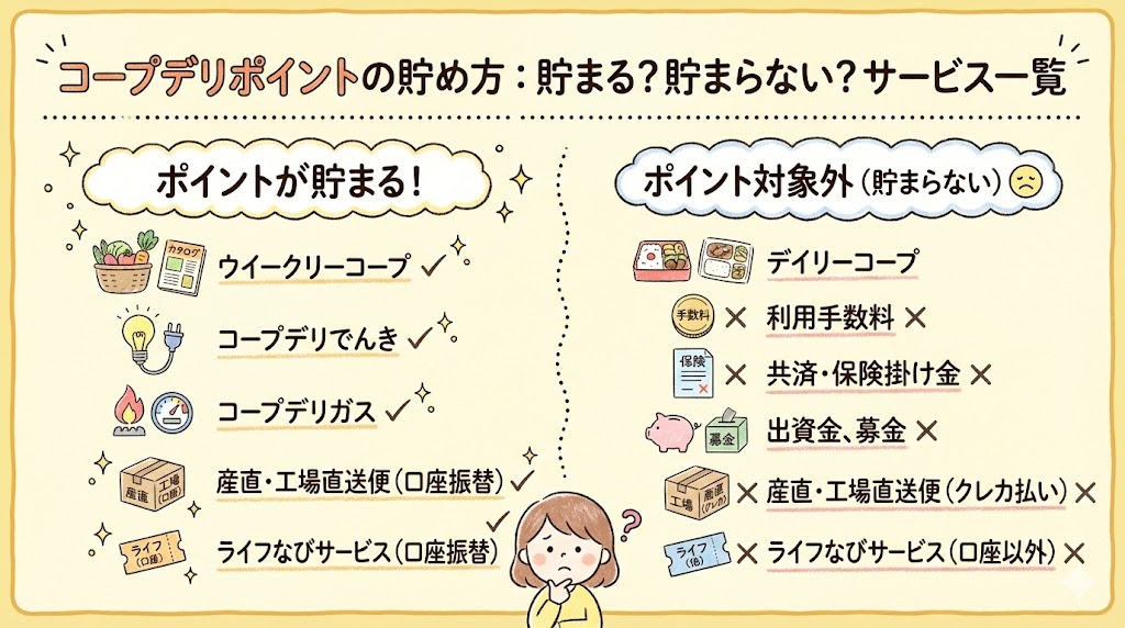 コープデリポイント貯め方：貯まるサービス・貯まらないサービス一覧