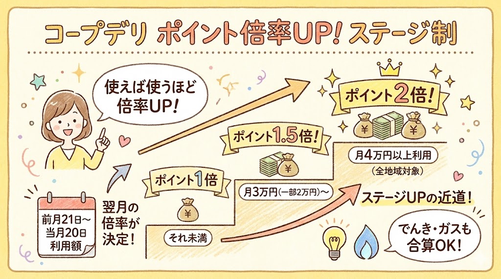 コープデリポイント貯め方：ポイントステージ制