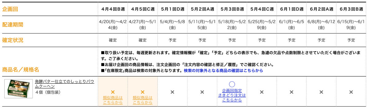 コープデリの取り扱い予定表