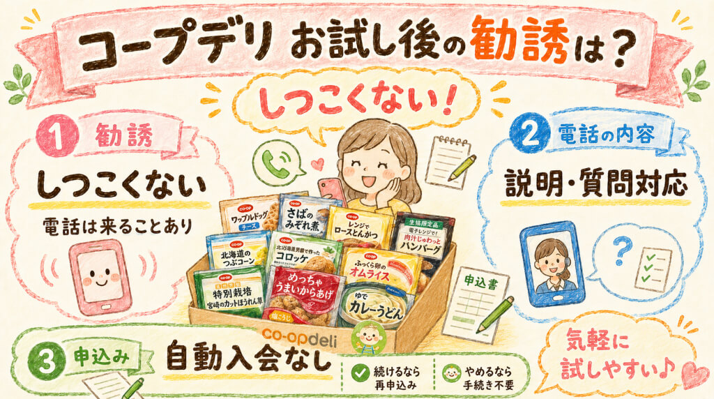 コープデリお試しセット購入後の勧誘を説明した図解