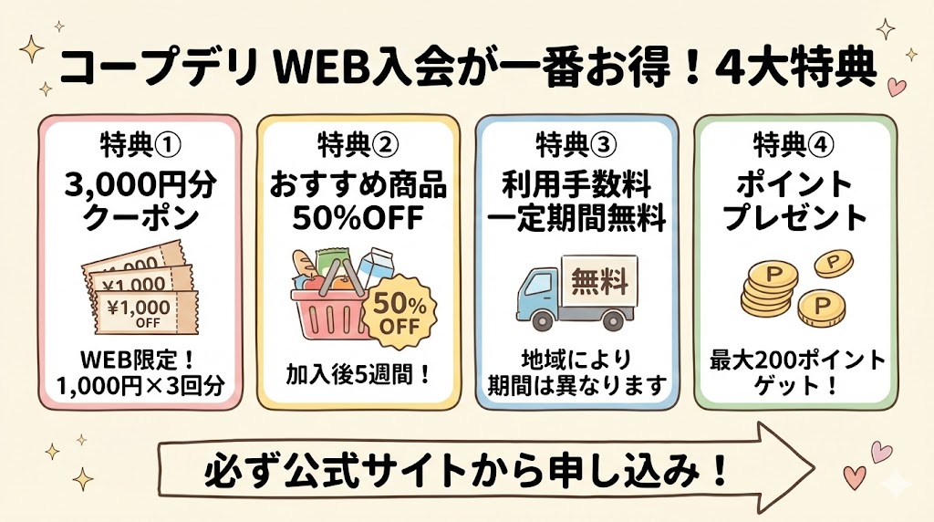 コープデリWEB加入特典4つの説明図解