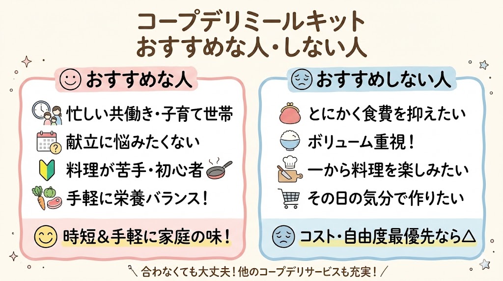 コープデリミールキットがおすすめな人
とおすすめしない人の特徴を比較した図解