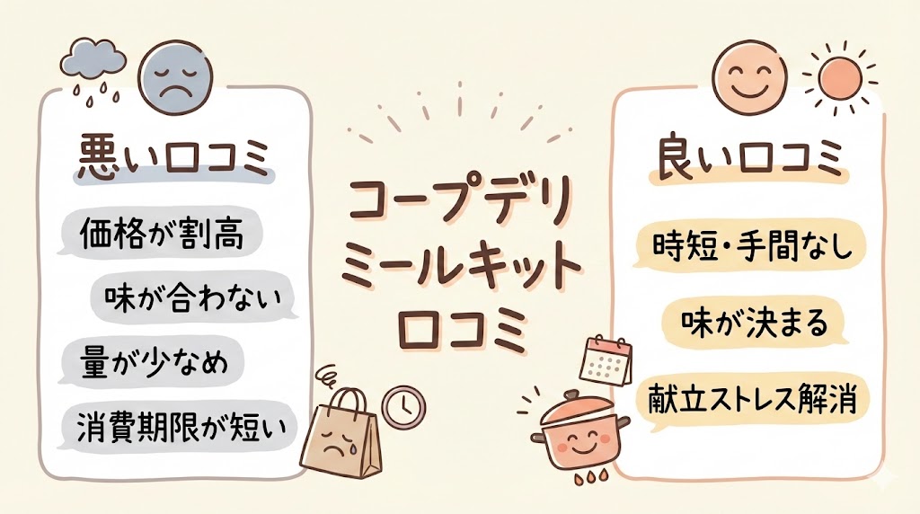 コープデリミールキットの良い口コミと悪い口コミを簡潔にまとめた図解