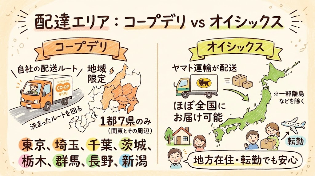 コープデリとオイシックスの配達エリア比較