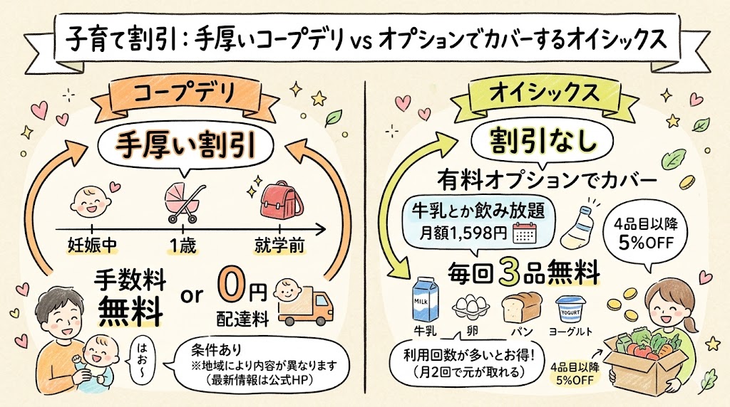コープデリとオイシックスの子育て割引比