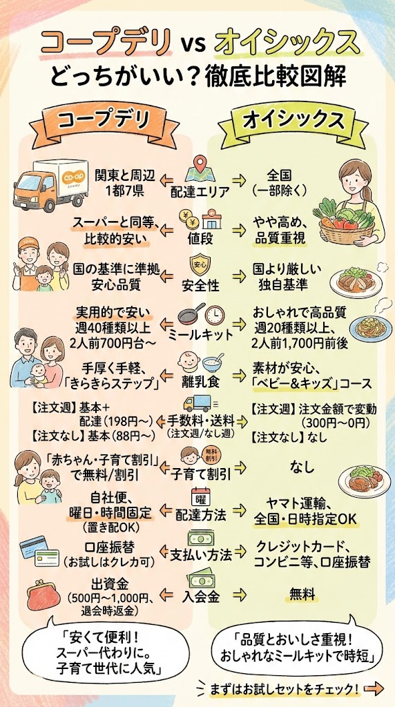 コープデリとオイシックスの特徴徹底比較まとめ図解