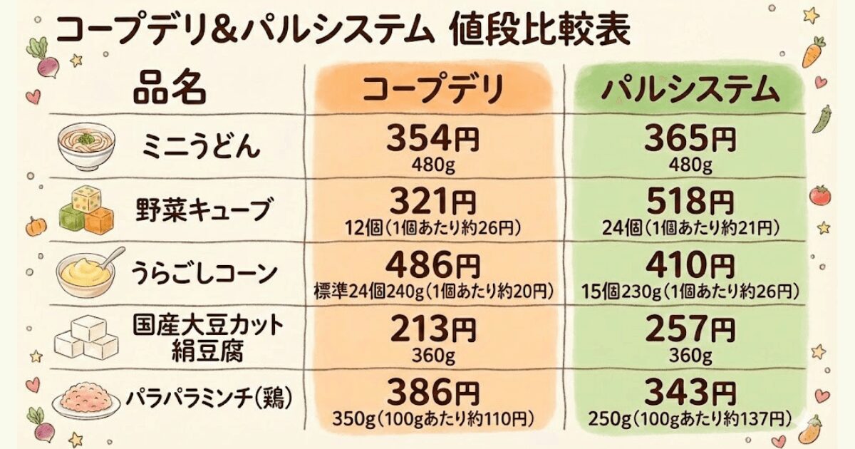 コープデリ パルシステム 離乳食 値段 比較表
