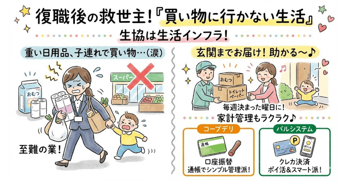 復職後の子連れ買い物の負担と、生協(コープデリ・パルシステム)による玄関お届けサービスのメリットを比較したイラスト図解。口座振替とクレジットカード決済による家計管理の違いについても解説。