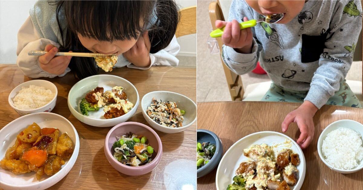 子供達がおかえりごはんのチキン南蛮を食べている様子