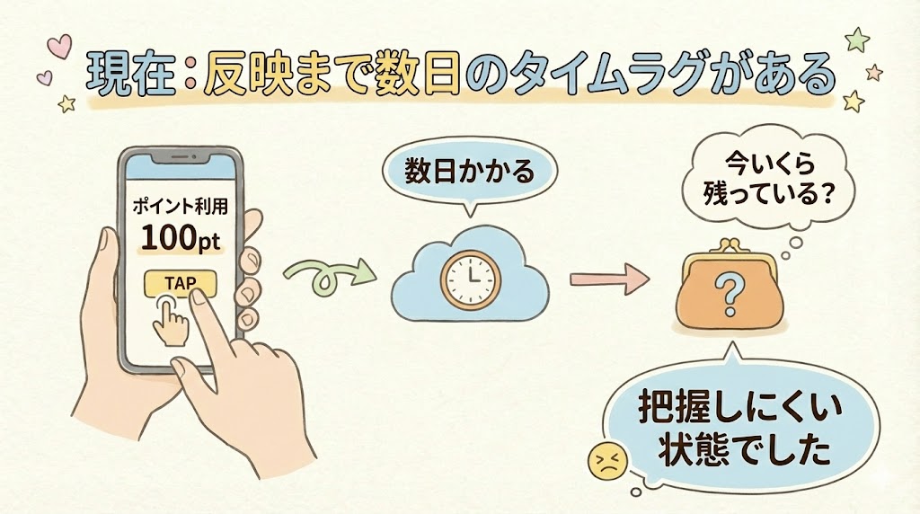 ポイント反映までにタオイムラグがあったことを示す図解