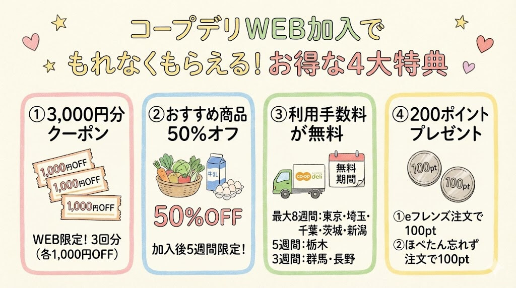 コープデリWEB加入でもらえる4大特典の内容
