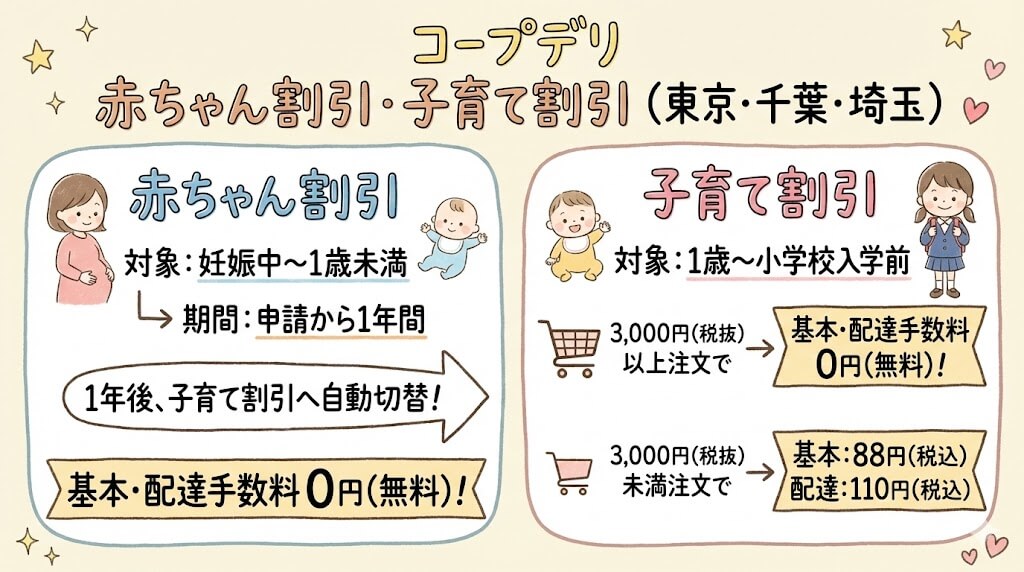 コープデリの東京都・千葉県・埼玉県における赤ちゃん割引・子育て割引の一覧。赤ちゃん割引は1歳未満まで手数料0円、子育て割引は小学校入学前まで3,000円以上の注文で手数料0円になる仕組みを解説した図解。