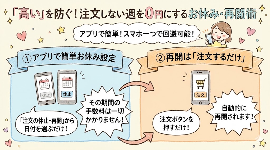 パルシステムの手数料を節約するアプリ「タベソダ」などの注文休み設定手順。注文しない週は手数料0円に。
