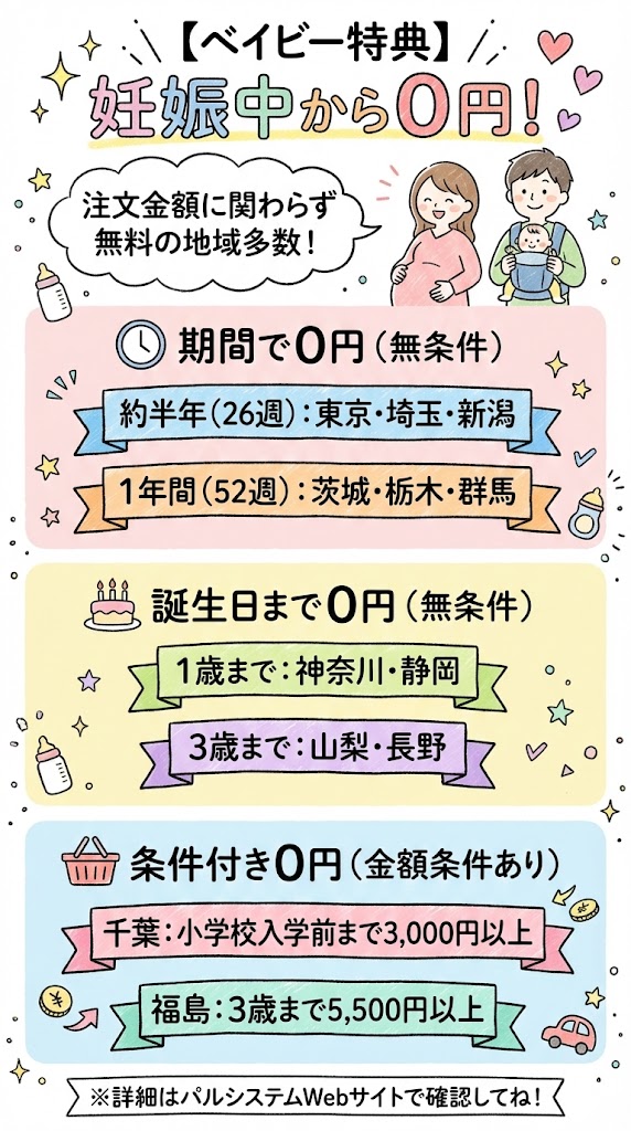 パルシステムのベイビー特典・キッズ特典の期間一覧。妊娠中から小学校入学前まで手数料が無料になる地域別の条件。