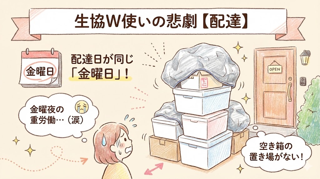 コープデリとパルシステムの配達曜日が同じで玄関が箱タワーになった様子