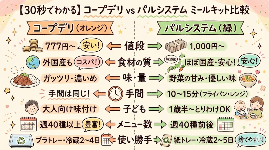 コープデリとパルシステムのミールキット比較表