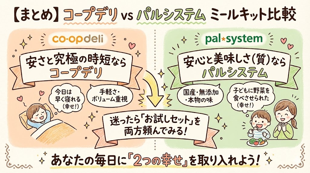 コープデリとパルシステムのミールキット比較まとめ。「安さと時短ならコープデリ」「安心と質ならパルシステム」という選び方の結論図解