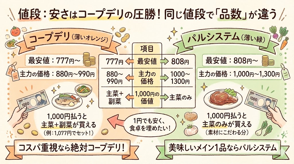 コープデリとパルシステムのミールキット値段比較。コープデリは777円からで主菜と副菜が揃うコスパ重視、パルシステムは1,000円からで素材重視という図解