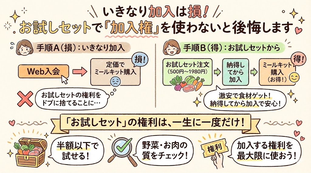 お試しセットの重要性解説図解。いきなり加入すると損をする理由と、お得な手順の比較。