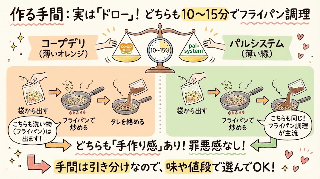 ミールキットの調理時間比較。コープデリもパルシステムも10〜15分のフライパン調理が主流で、手間は変わらないという図解