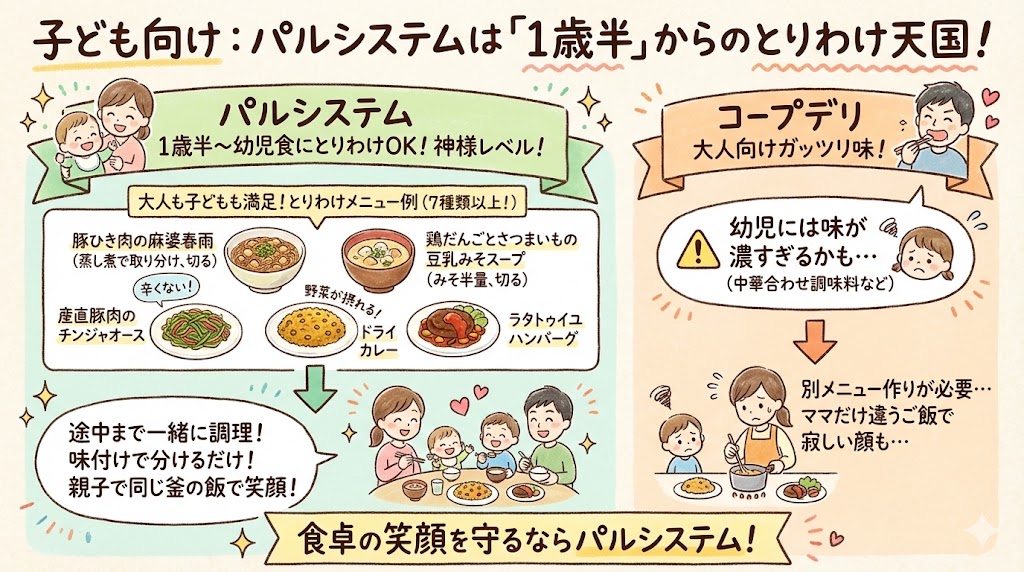 子ども向けミールキット比較。パルシステムは1歳半から取り分け可能なメニューが豊富。コープデリは大人向けの味付けが多いという図解
