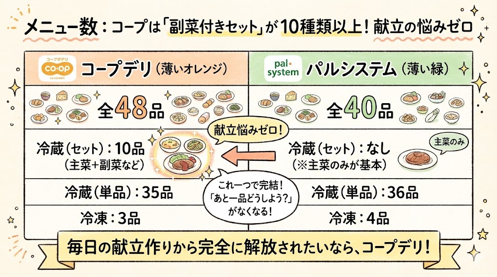 ミールキットのメニュー構成比較。コープデリは副菜付きセットが10種類以上あり献立の悩みが不要。パルシステムは主菜のみが基本という図解