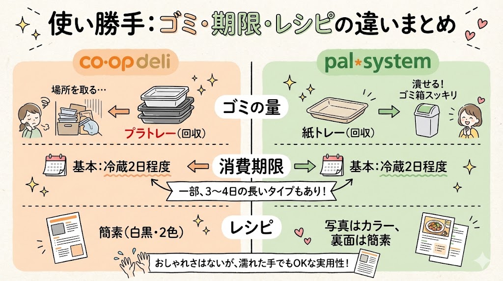 ミールキットの使い勝手比較。ゴミ（コープはプラ、パルは紙）、消費期限、レシピ（コープは白黒、パルはカラー）の違いまとめ