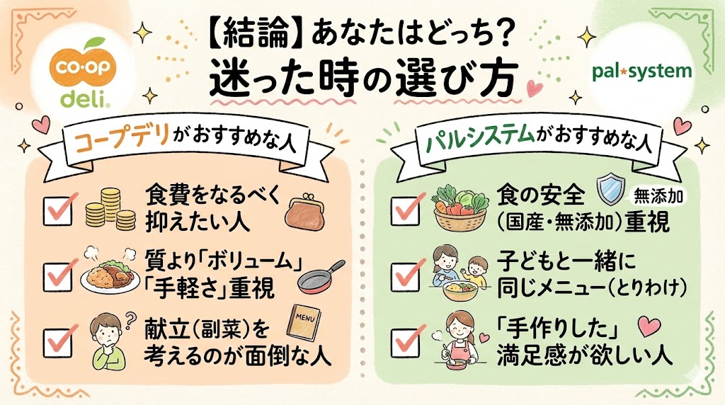 コープデリとパルシステムのおすすめな人チェックリスト。食費重視ならコープデリ、食の安全重視ならパルシステムという選び方の図解