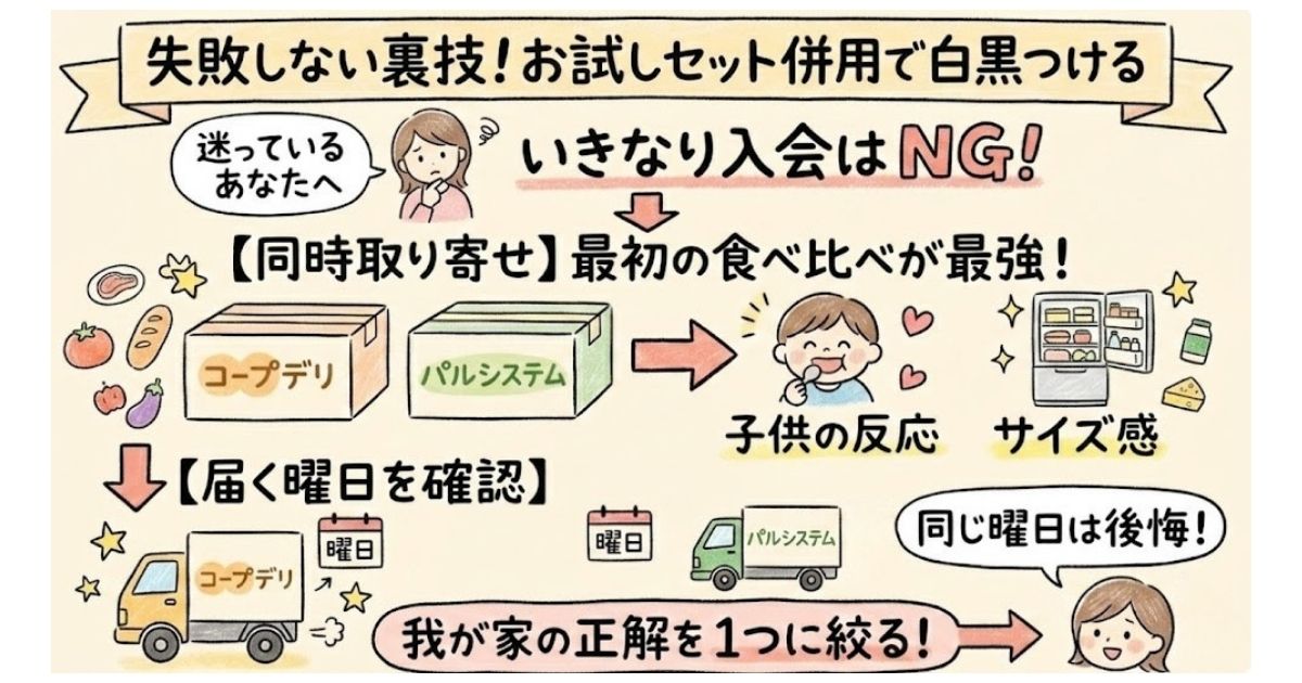 入会前にコープデリとパルシステムのお試しセットを併用するのがおすすめ