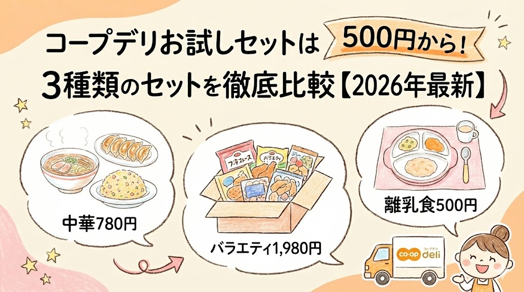 コープデリのお試しセット3種類（500円・780円・1,980円）を比較した2026年最新のアイキャッチ画像。500円からのセット内容を紹介
