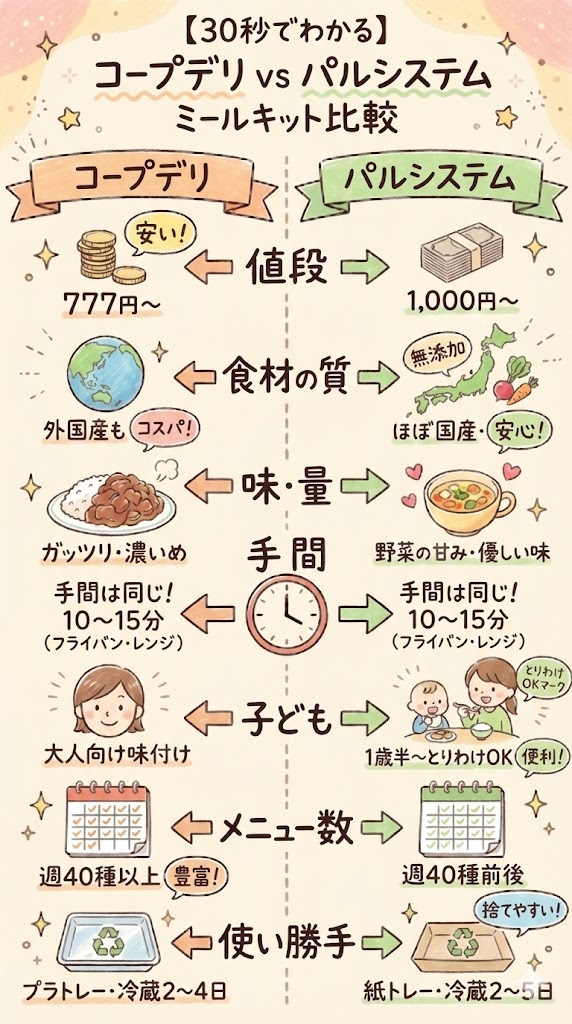 コープデリとパルシステムのミールキット比較表