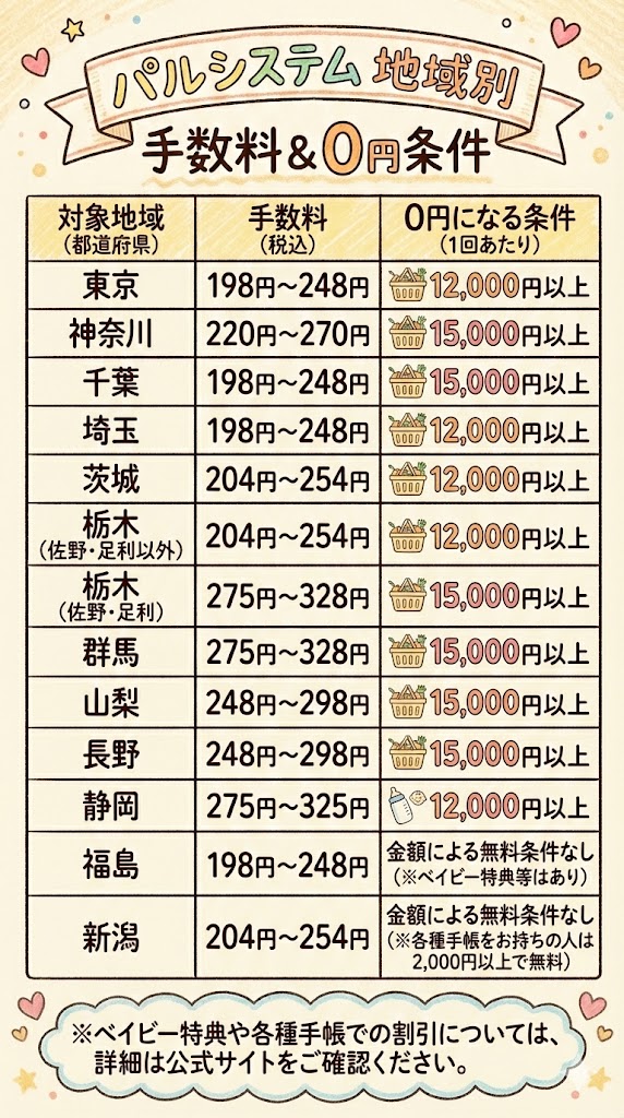 パルシステムの都道府県別・配送手数料と送料無料になる利用金額の条件一覧表(東京・神奈川・千葉・埼玉・茨城・栃木・群馬・山梨・長野・静岡・福島・新潟)。