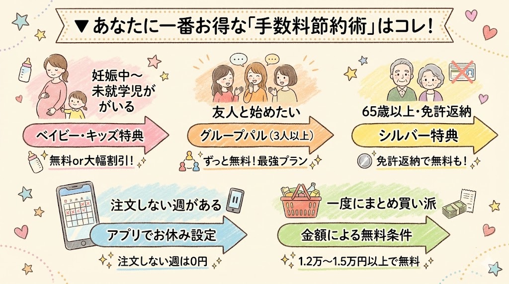 パルシステムの手数料節約術まとめ。子育て・グループ・高齢者・注文休止・まとめ買いなど、タイプ別のおすすめ無料・割引ワザ一覧。