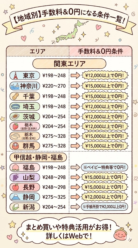 パルシステムの都道府県別・配送手数料と送料無料になる利用金額の条件一覧表(東京・神奈川・千葉・埼玉・茨城・栃木・群馬・山梨・長野・静岡・福島・新潟)。