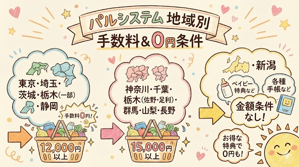 パルシステムの地域別手数料と無料条件マップ。12,000円以上または15,000円以上で送料無料になるエリア区分図解。