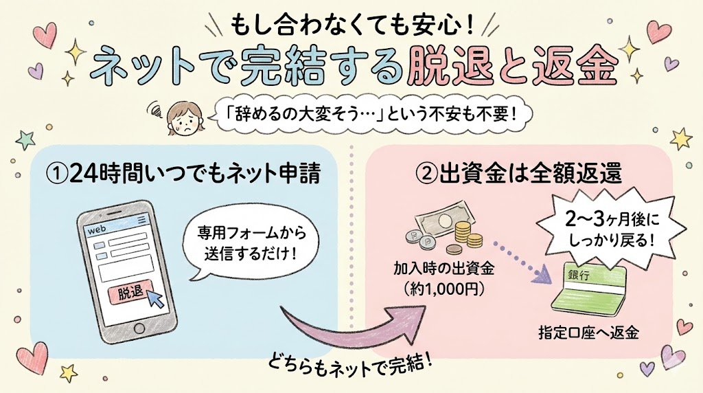 パルシステムの退会・脱退手続きの図解。インターネットで完結し、出資金が銀行口座へ全額返金される流れ。