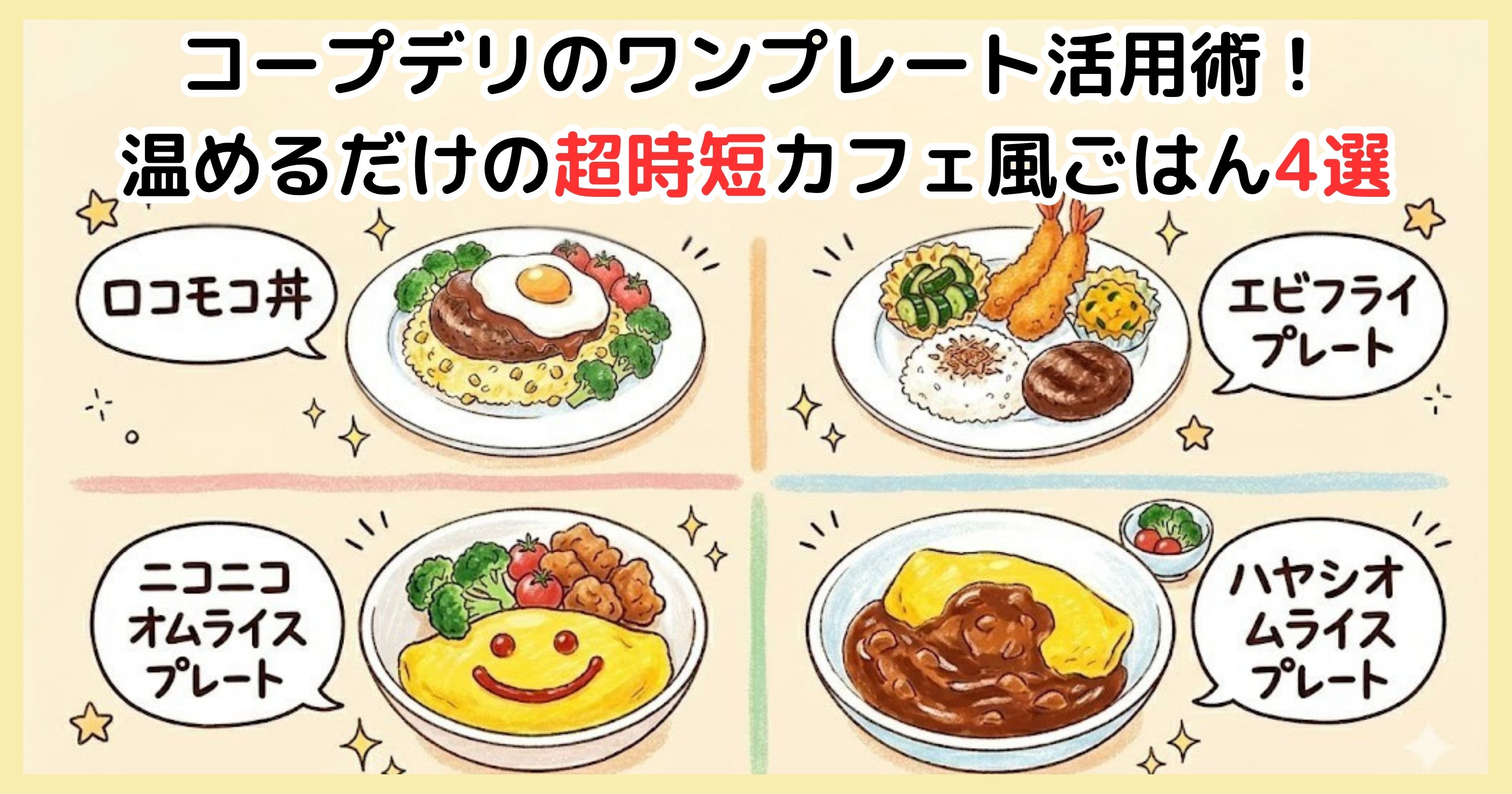 コープデリのワンプレート活用術！温めるだけの超時短カフェ風ごはん4選（ロコモコ丼、エビフライ、オムライス、ハヤシライス）