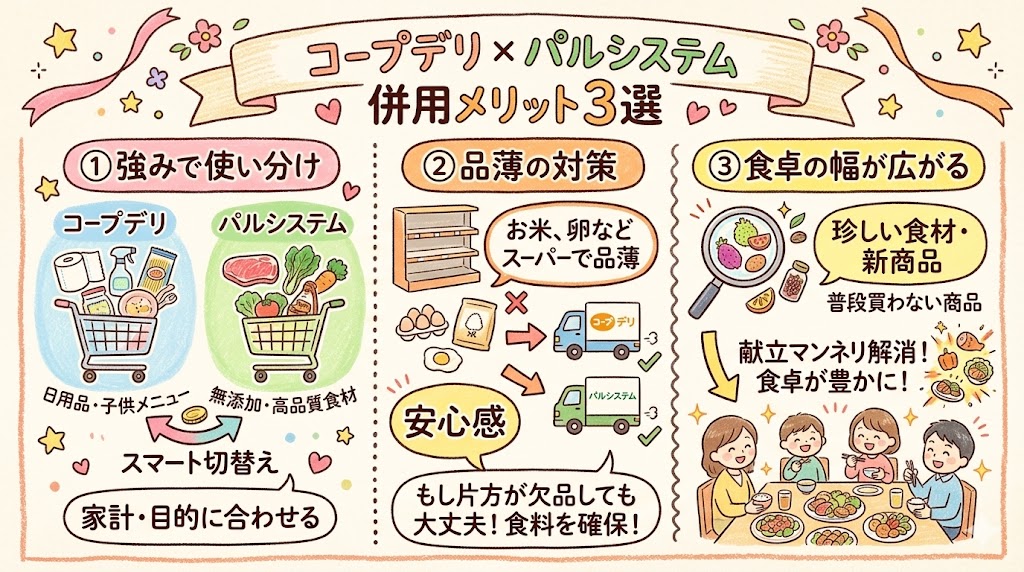コープデリとパルシステムを併用する3つのメリット（強みで使い分け、品薄の対策、食卓の幅が広がる）の図解