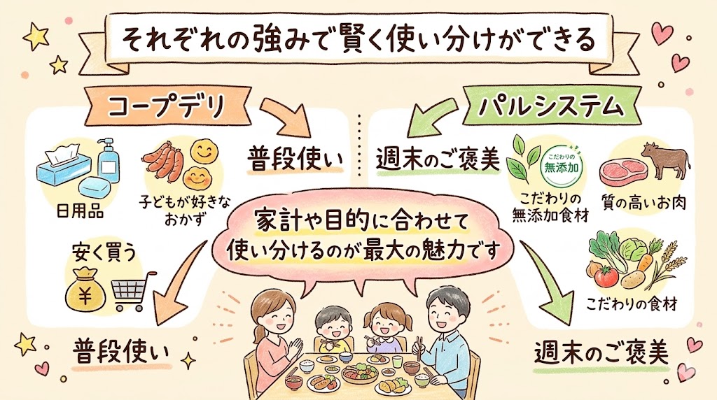 コープデリは普段使い、パルシステムは週末のご褒美として、それぞれの強みで使い分ける方法の図解