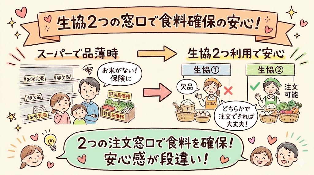 スーパーが品薄の時でも、生協を2つ利用していればどちらかで注文でき食料確保が安心できることの図解