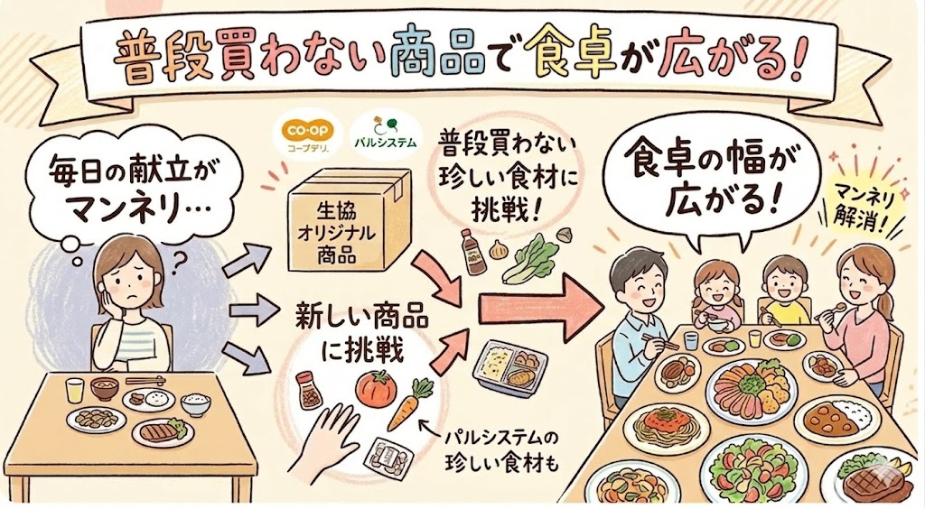生協オリジナル商品や新しい商品に挑戦することで、毎日の献立のマンネリを解消し食卓の幅が広がる図解