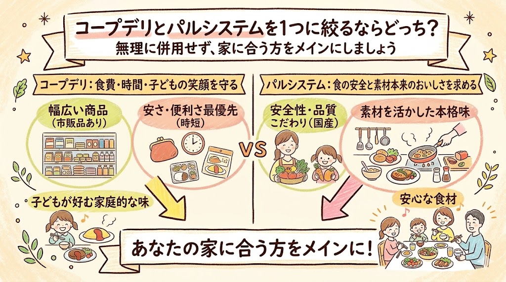 コープデリとパルシステムを無理に併用せず1つに絞るための特徴比較図