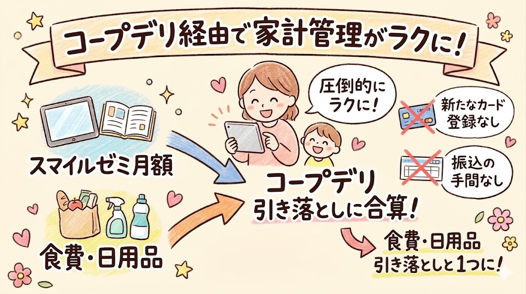 コープデリ経由でスマイルゼミの料金を合算し、家計管理がラクになるメリットの図解