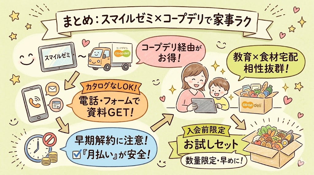 スマイルゼミとコープデリを併用してお得に家事をラクにする方法のまとめ図解