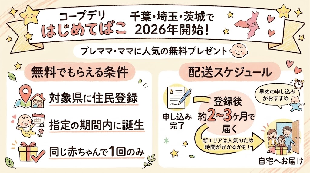 はじめてばこ条件や配送スケジュールを説明した図解